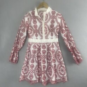 Womens Embroidered Eyelet Dress XS/S Puff Sleeve White Red Cottagecore Boho Chic